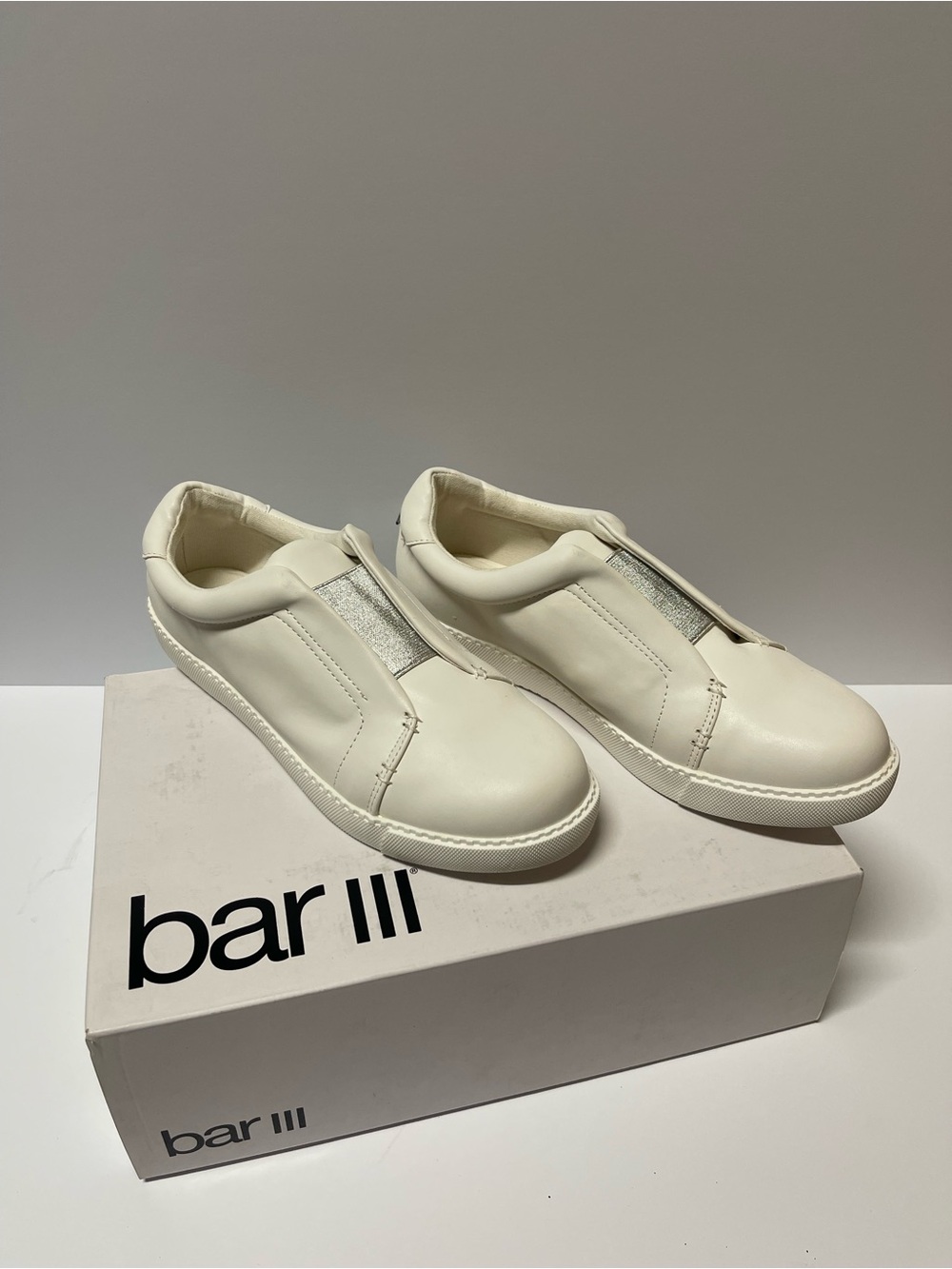 Bar III White Slip-On Sneakers with Silver Elastic
